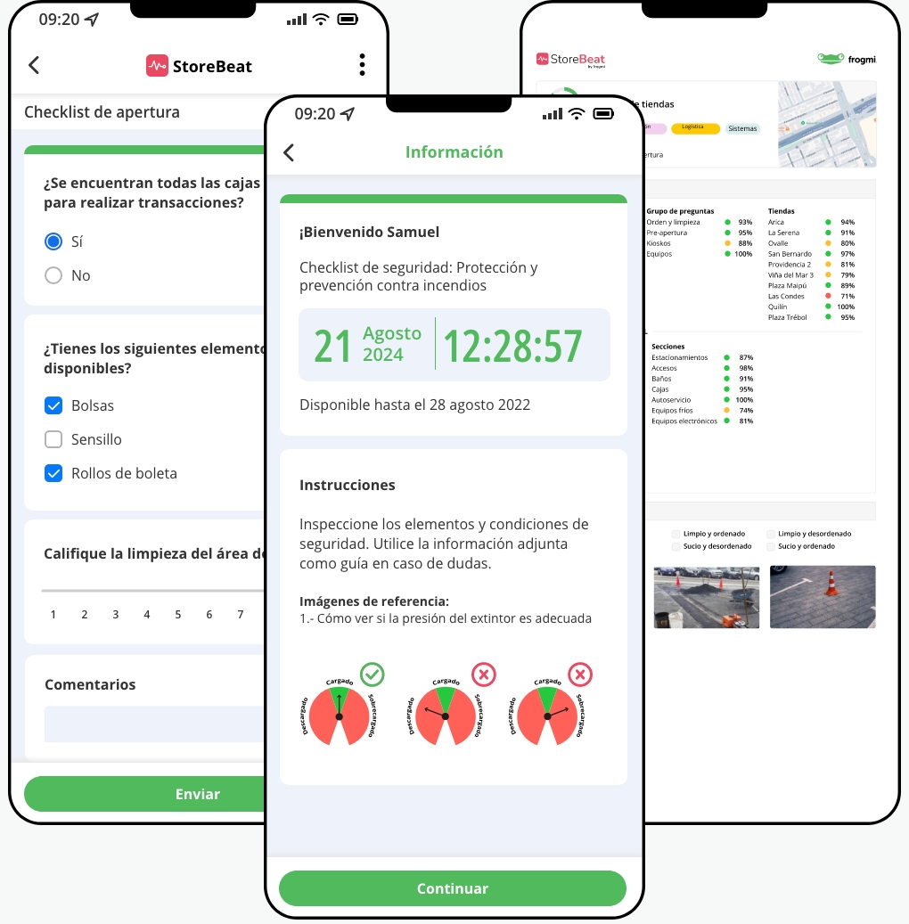 Capturas de pantalla de la aplicación Frogmi mostrando checklist digital, instrucciones y resultados de auditorías en tienda