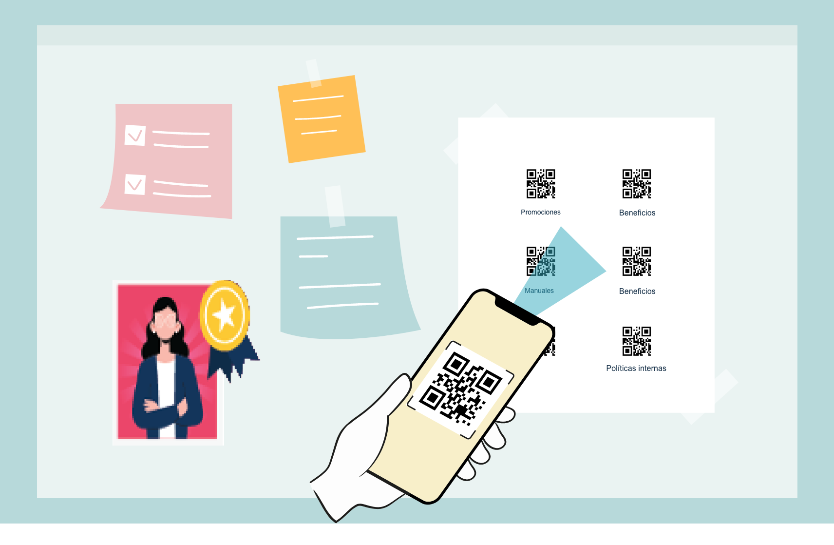 Ilustración del sistema de códigos QR de Frogmi mostrando acceso rápido a documentos digitales: promociones, manuales, beneficios y políticas desde el móvil