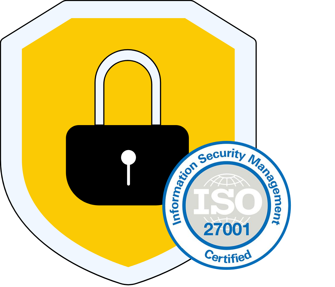 Ilustración de escudo de seguridad con candado y sello de certificación ISO 27001de Frogmi
