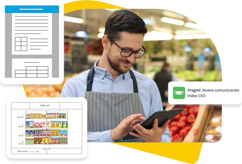 Empleado de retail utilizando la app móvil de Frogmi para acceder a comunicados corporativos, documentos y planogramas mientras trabaja en tienda