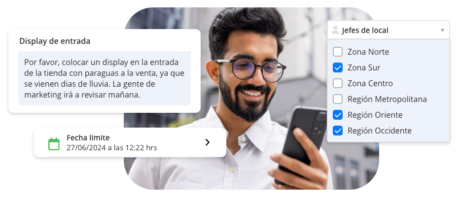 Interfaz Frogmi mostrando asignación de tarea: display de paraguas con fecha límite y selección de áreas responsables