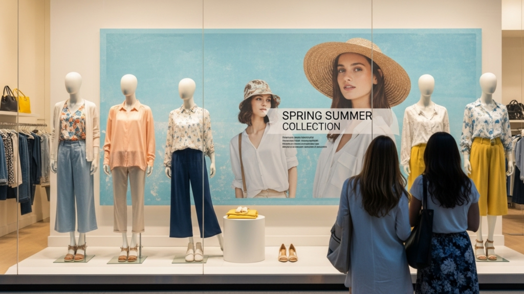 Exhibición perfecta en retail: vitrina de moda con maniquíes, campaña Spring Summer Collection y clientas observando la presentación visual